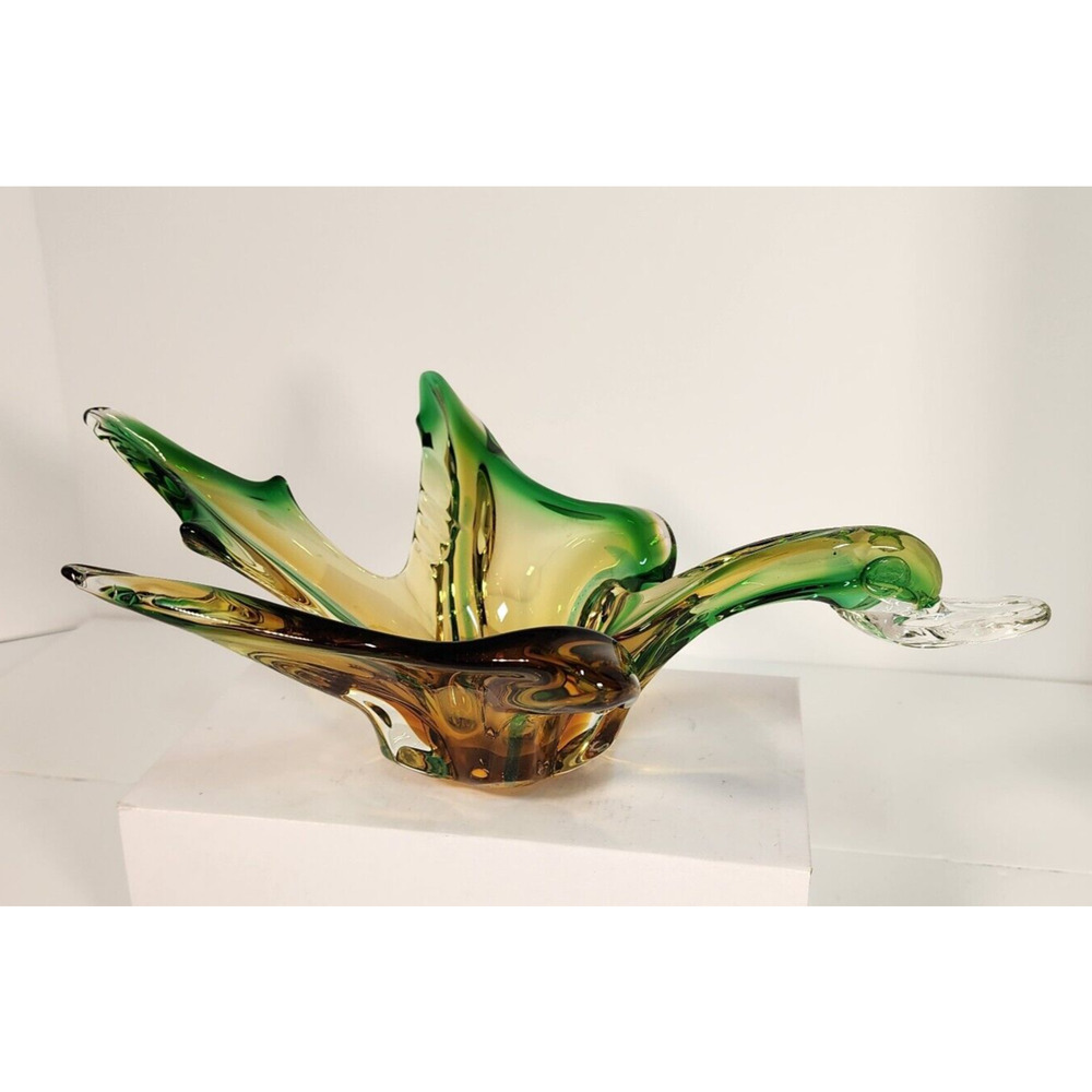 Vintage Murano Glass Emerald Swan/Duck/Goose Green & Amber Trinket Dish (G5)
